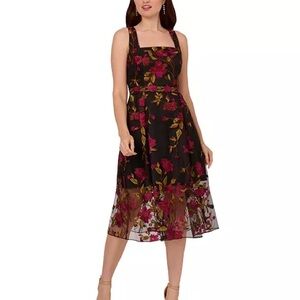 Adrianna Papell Black Dress with Pink Floral Embroidery